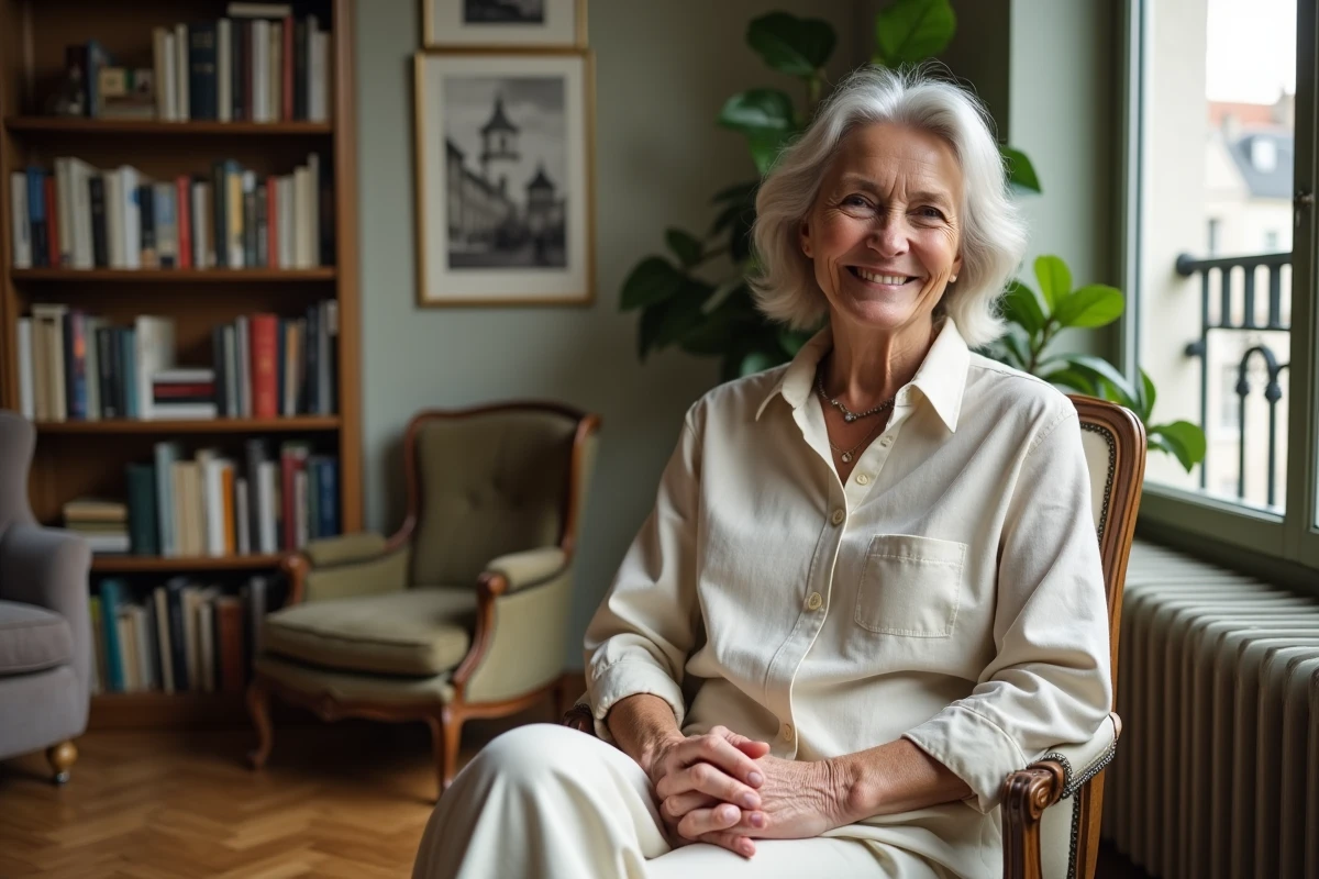 Femme française élégante dans un appartement parisien avec bibliothèque, incarnant la culture et la sérénité d'une actrice accomplie