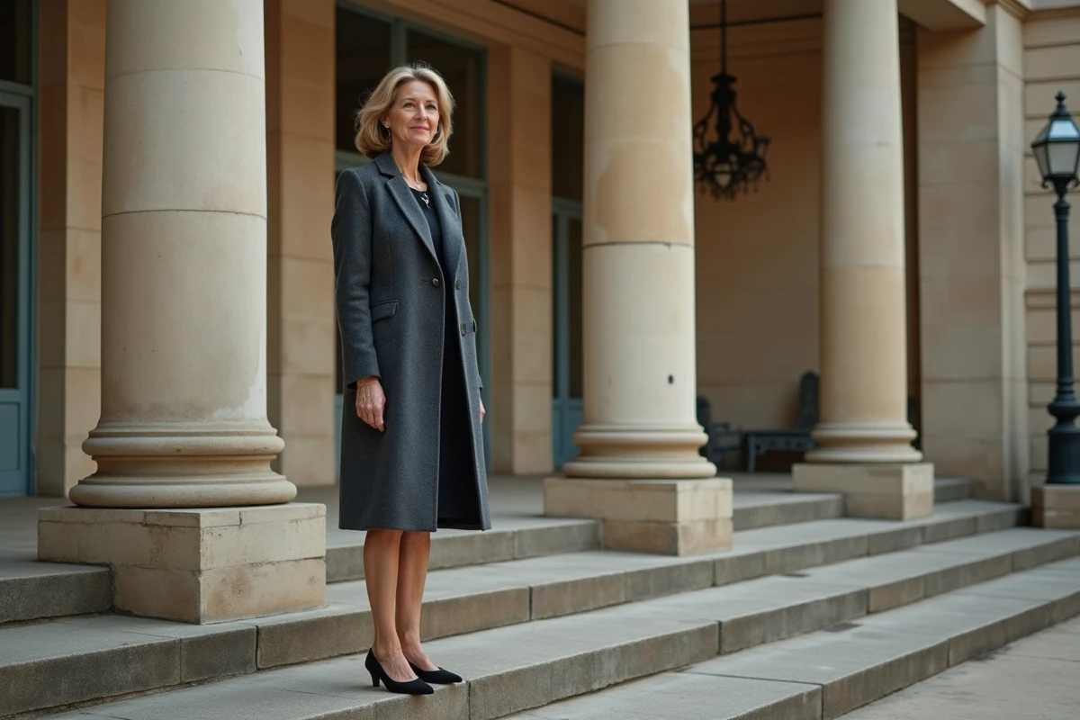 Femme distinguée devant un théâtre classique parisien, évoquant l'univers du cinéma et du théâtre français et la carrière d'une grande actrice