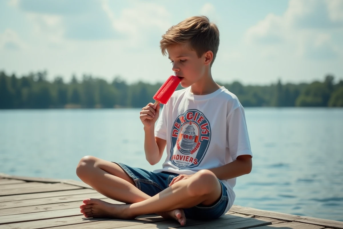 Adolescent lisant les informations nutritionnelles d'un Mister Freeze rouge assis sur un ponton au bord d'un lac