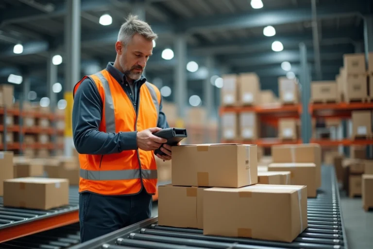 Agent logistique scannant un colis sur un tapis roulant dans un hub de tri postal industriel