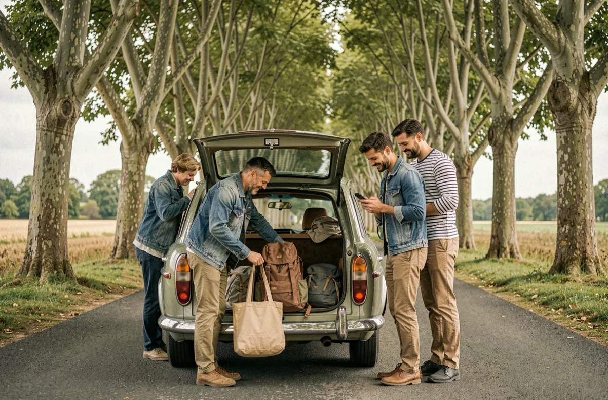 Groupe d'amis chargeant leurs bagages dans une voiture sur une route de campagne française au départ de Bitos
