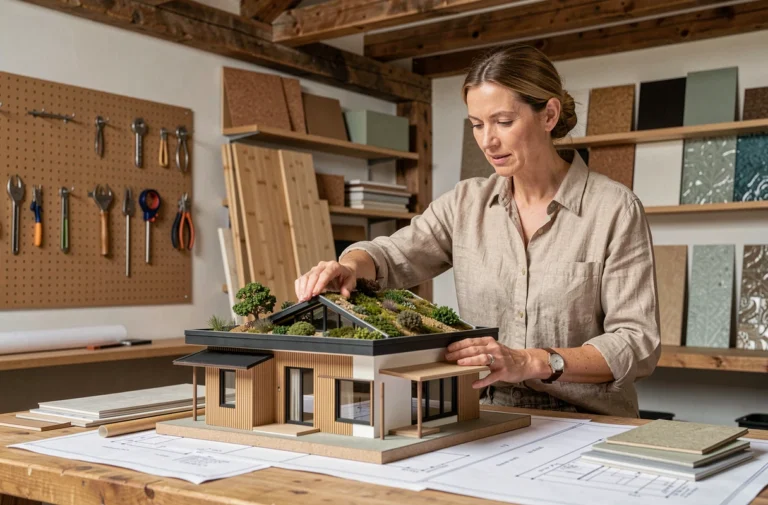 Architecte examinant une maquette de maison passive écologique dans un studio de design durable avec matériaux naturels