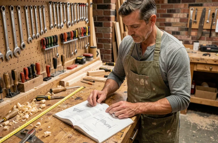 Artisan bricoleur consultant un manuel technique dans un atelier en bois bien équipé