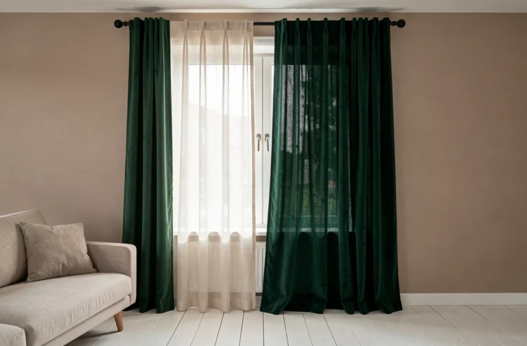 Deux rideaux différents associés sur une tringle noire dans un salon scandinave, lin ivoire et velours vert forêt