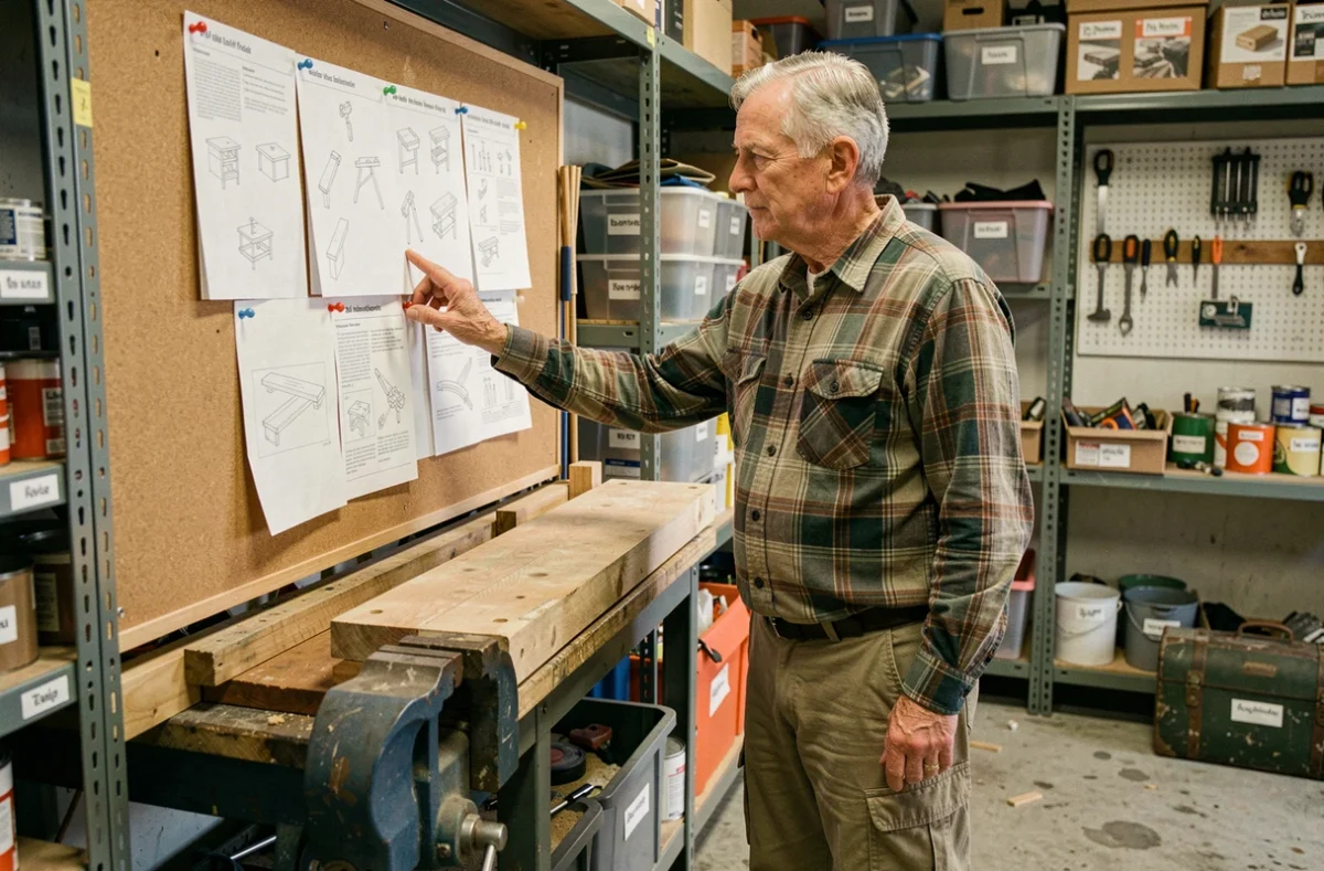 Bricoleur expérimenté planifiant un projet bois dans son garage avec des ressources DIY affichées
