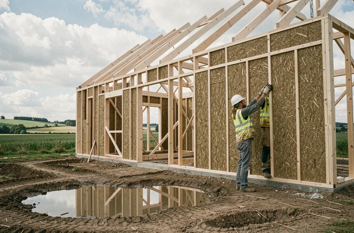 Ouvriers installant des panneaux isolants en chanvre sur une ossature bois lors d'un chantier d'éco-construction en milieu rural