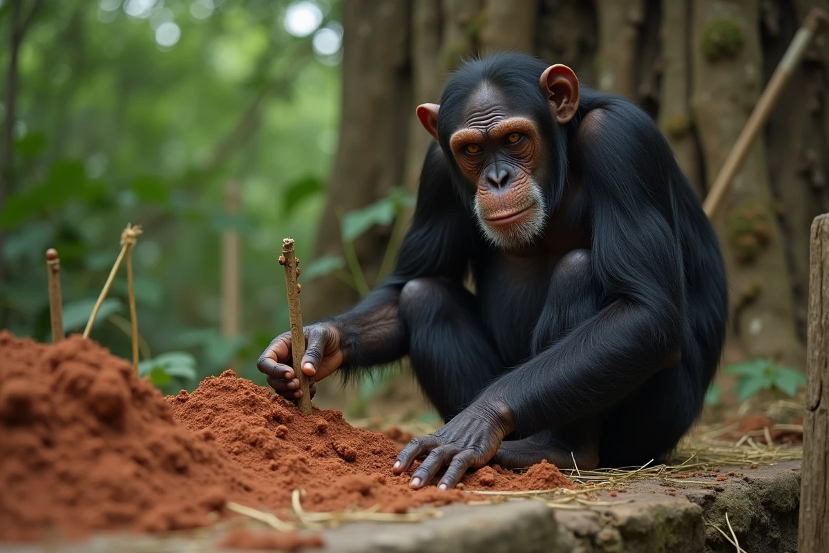 Chimpanzé utilisant un outil en bâton pour extraire des termites, illustration de l'intelligence animale