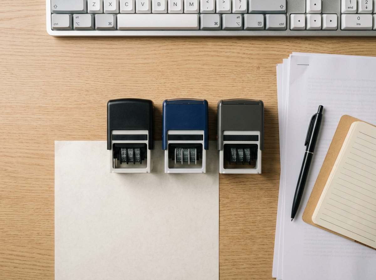 Vue en plongée de trois tampons dateurs auto-encreurs différents posés sur un bureau minimaliste avec des documents et un stylo