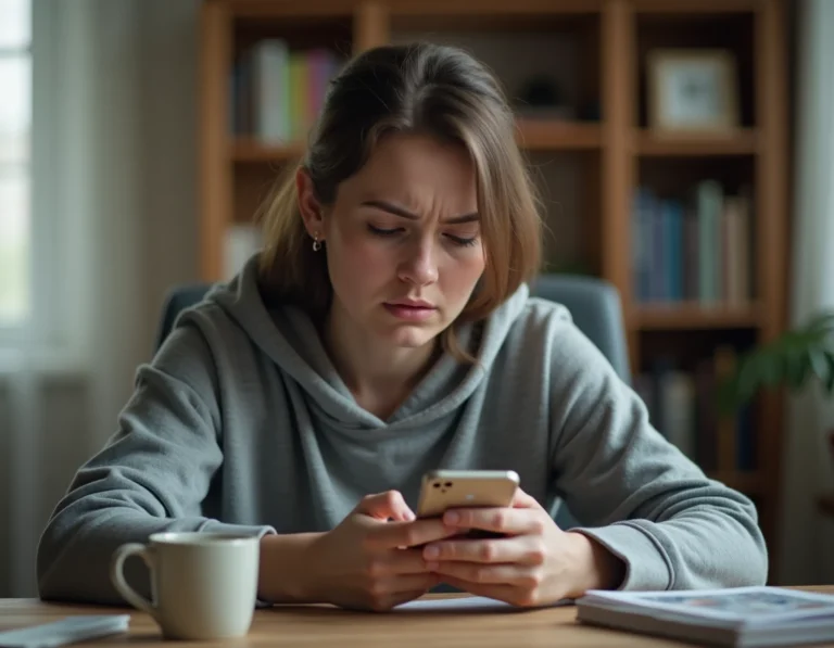 Jeune femme frustrée tenant un smartphone affichant un message de compte Snapchat bloqué, assise à un bureau en bois à la maison