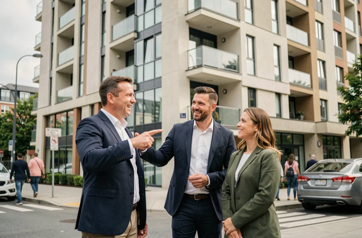 Conseiller immobilier présentant un programme résidentiel à de futurs propriétaires débutants