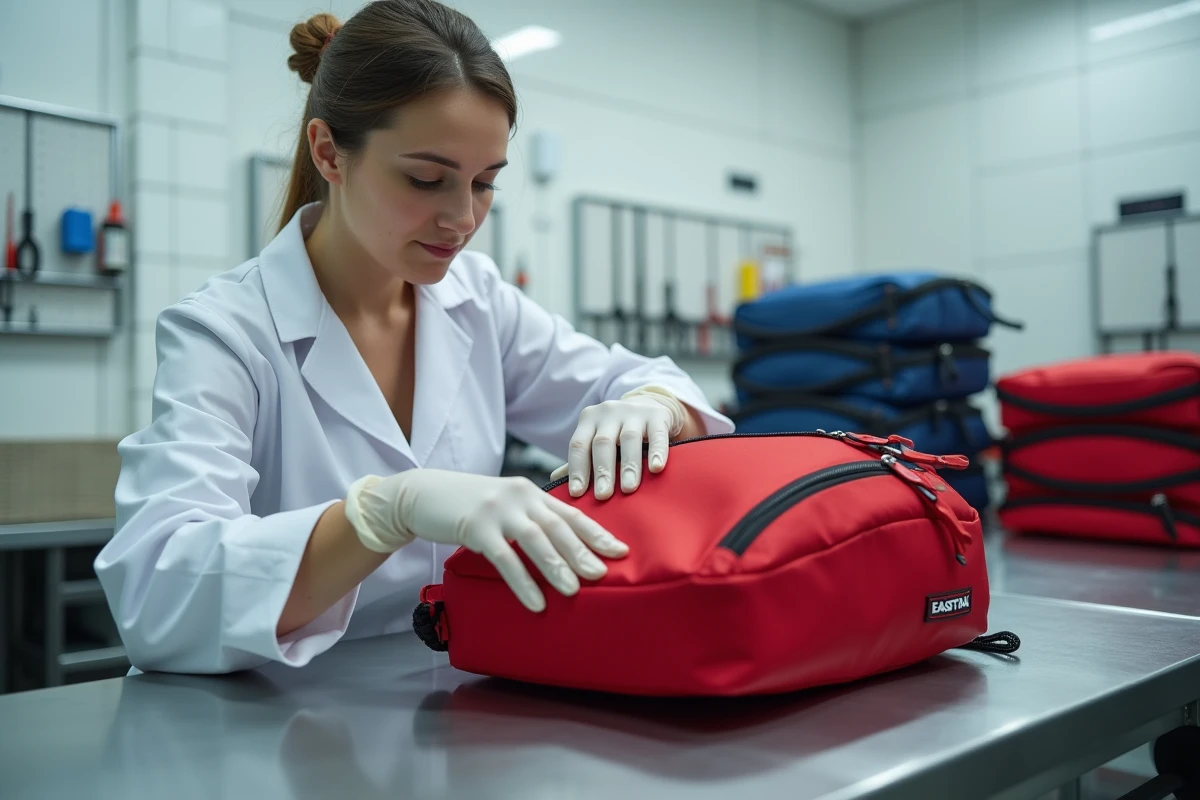 Contrôleuse qualité inspectant les coutures et fermetures d'un sac Eastpak rouge dans un atelier de contrôle