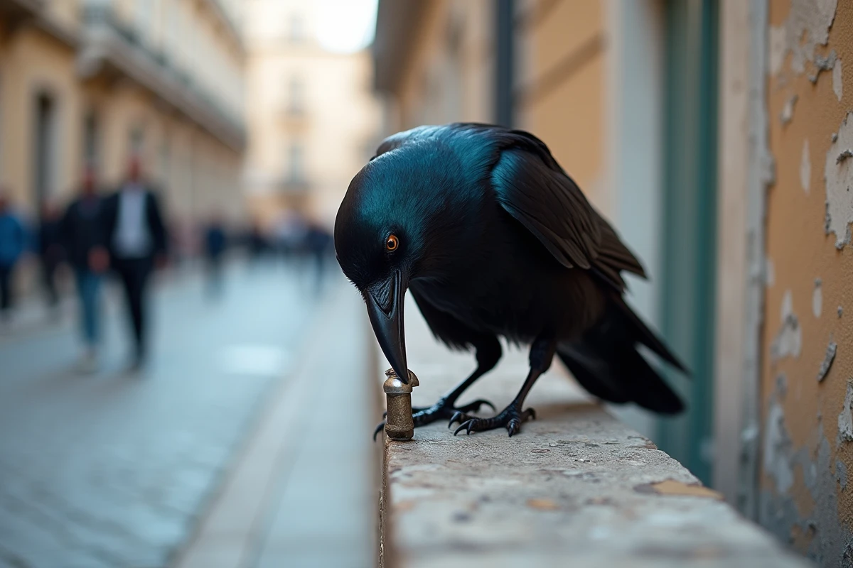 Corbeau en milieu urbain manipulant un objet, symbole de l'intelligence cognitive des oiseaux