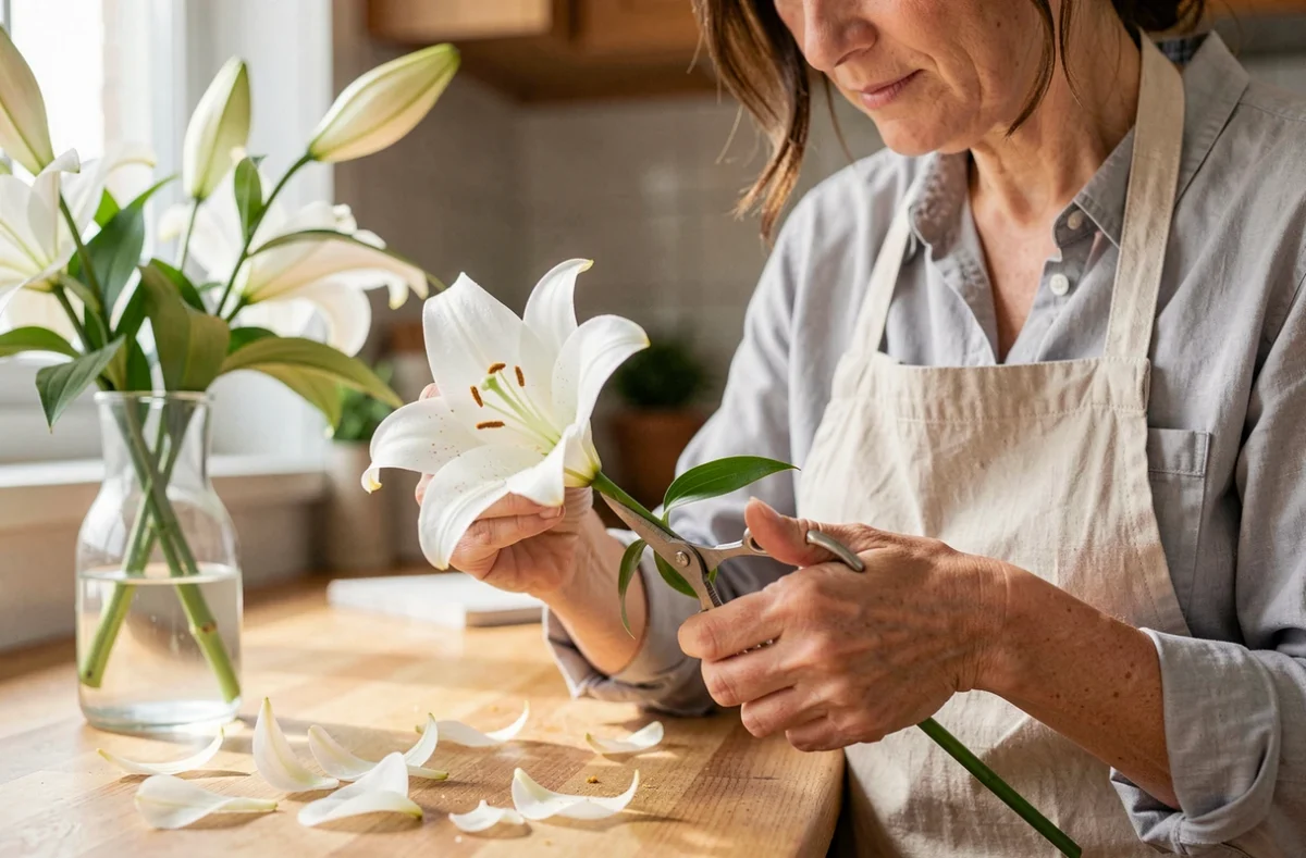 Femme coupant délicatement le pistil d'un lys blanc avec des ciseaux de précision sur un plan de travail en bois