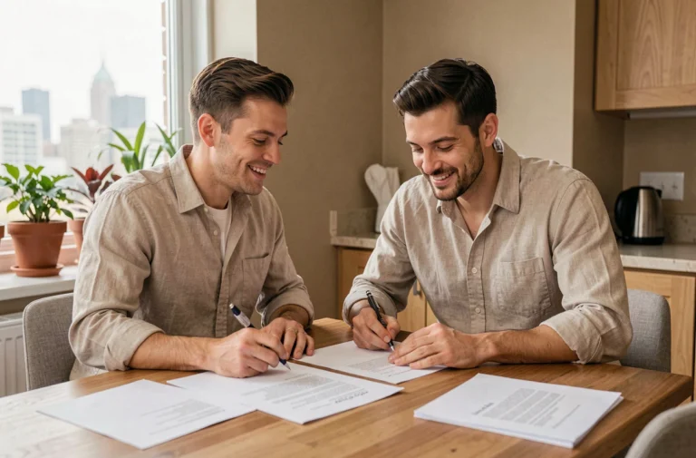 Couple signant les documents pour leur premier achat immobilier grâce à la méthode Immo Prima