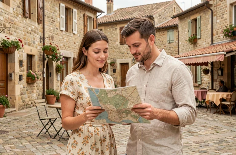 Couple consultant une carte dans un village provençal pavé, point de départ d'un voyage depuis Bitos
