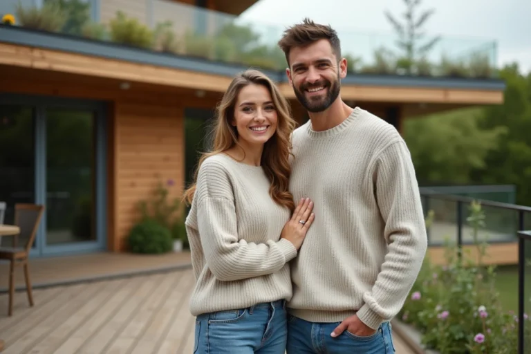 Couple souriant devant maison en bois écologique