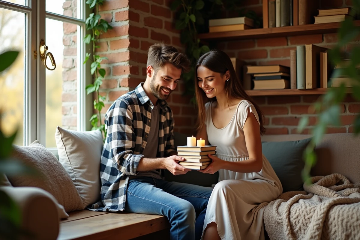 Jeune couple arrangeant livres dans un coin lecture lumineux