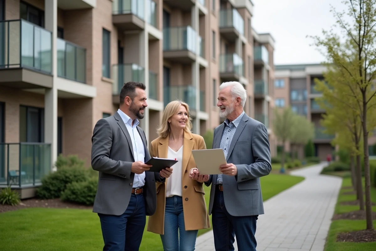 Couple discutant avec un conseiller devant un immeuble neuf