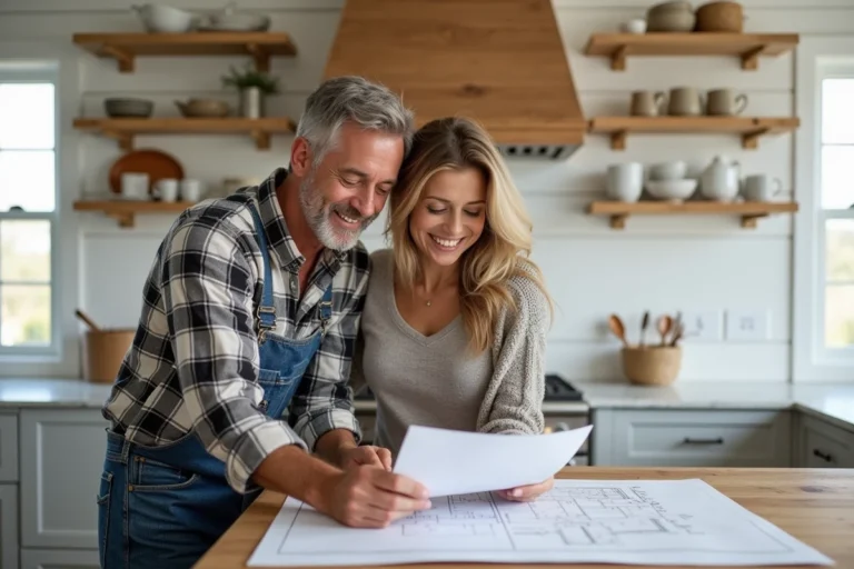 Couple dans une cuisine rénovée examine des plans
