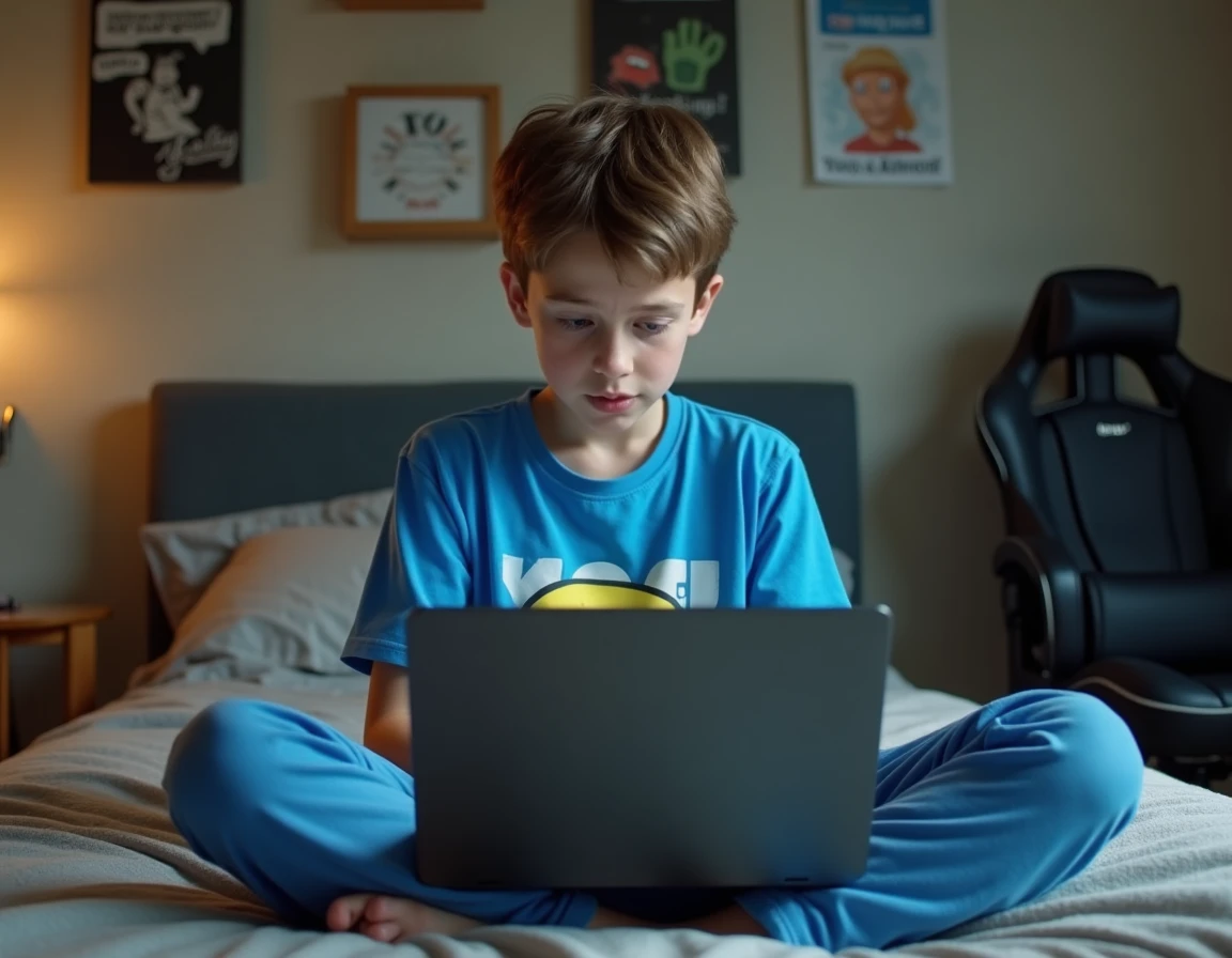 Adolescent consultant le support Snapchat sur un ordinateur portable dans sa chambre pour débloquer son compte suspendu