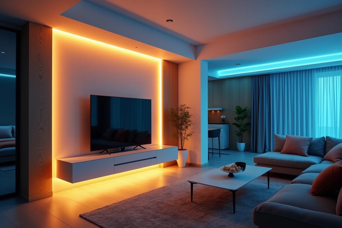 Éclairage connecté dans un salon moderne avec rubans LED derrière un meuble TV contrôlés par smartphone