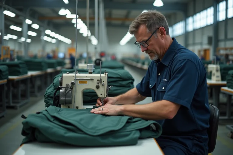 Ouvrier en usine cousant un sac à dos Eastpak sur une machine industrielle dans une manufacture moderne