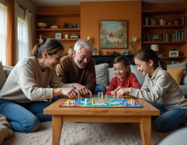 Famille réunie autour d'un jeu de société Licorne Cosmique dans un salon chaleureux, renforçant les liens familiaux par le jeu