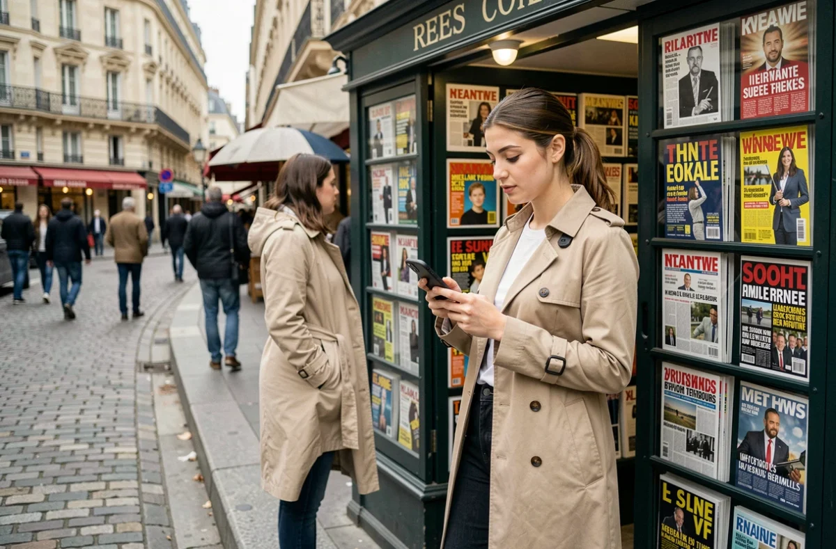 Jeune femme consultant l'actualité sur son smartphone devant un kiosque à journaux parisien