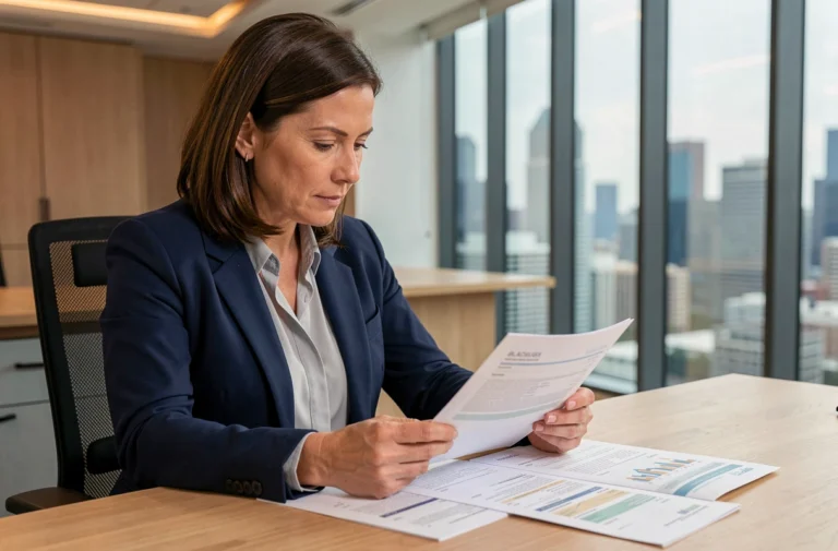 Femme professionnelle analysant des relevés bancaires et documents d'investissement dans un bureau moderne en 2024