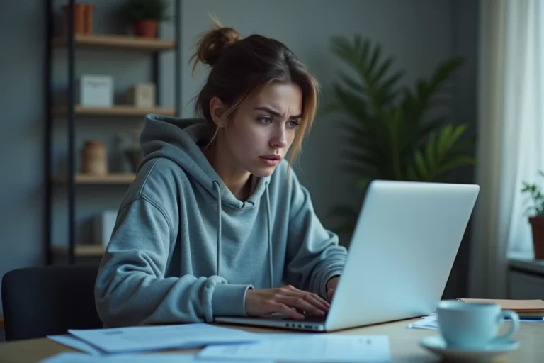 Jeune femme angoissée devant son ordinateur portable après une fuite de données sur les réseaux sociaux