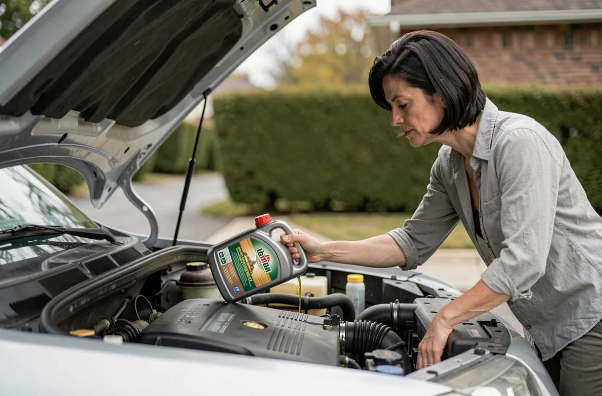Femme effectuant l'entretien du moteur de sa voiture en faisant l'appoint d'huile dans l'allée de sa maison