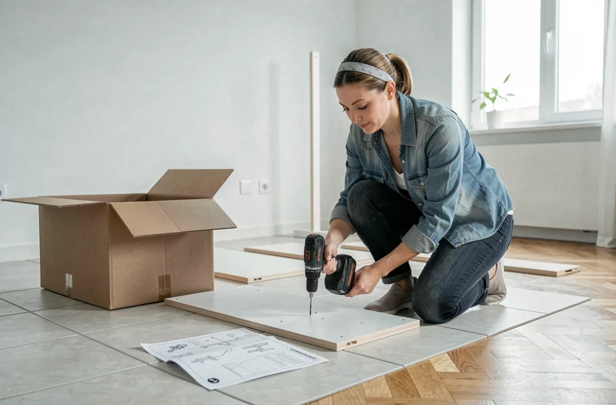Femme assembrant des meubles en kit avec une perceuse sans fil dans un appartement moderne