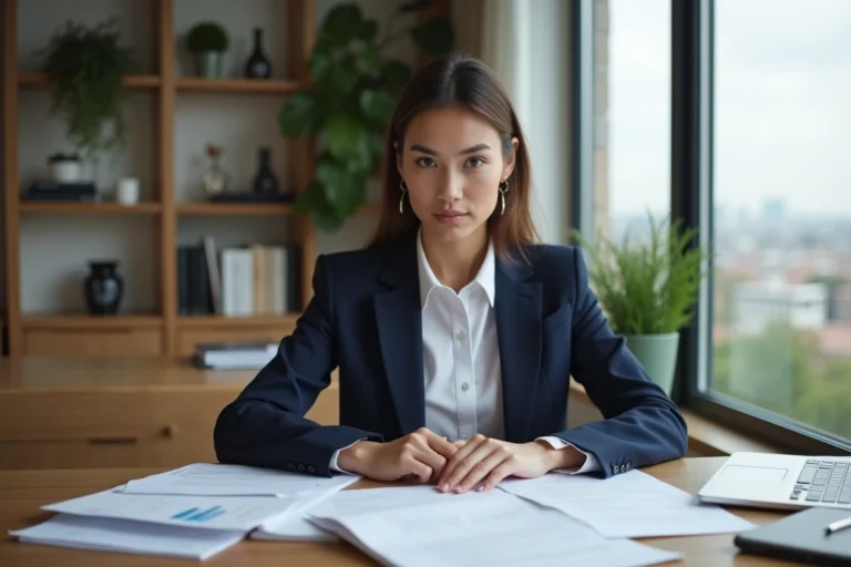 Jeune femme en bureau organisée et concentrée