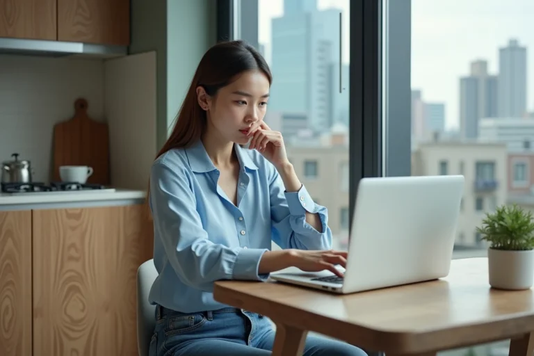 Jeune femme utilisant un calculateur de loyer sur son ordinateur