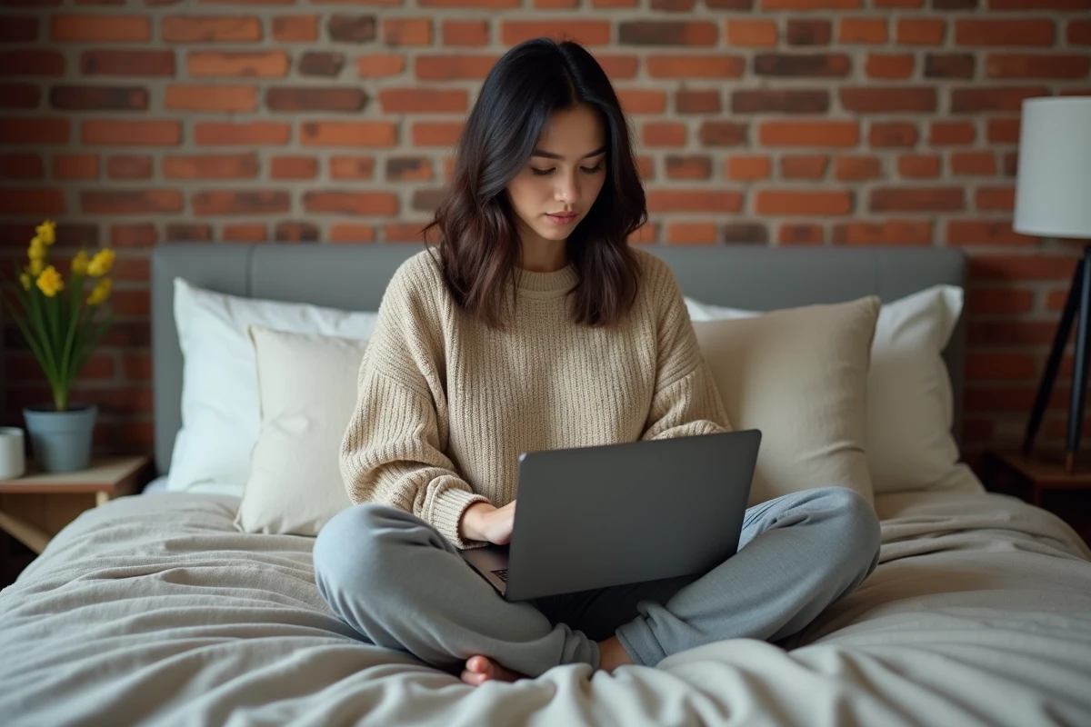 Femme parcourant un catalogue de films en français sur son ordinateur portable dans sa chambre