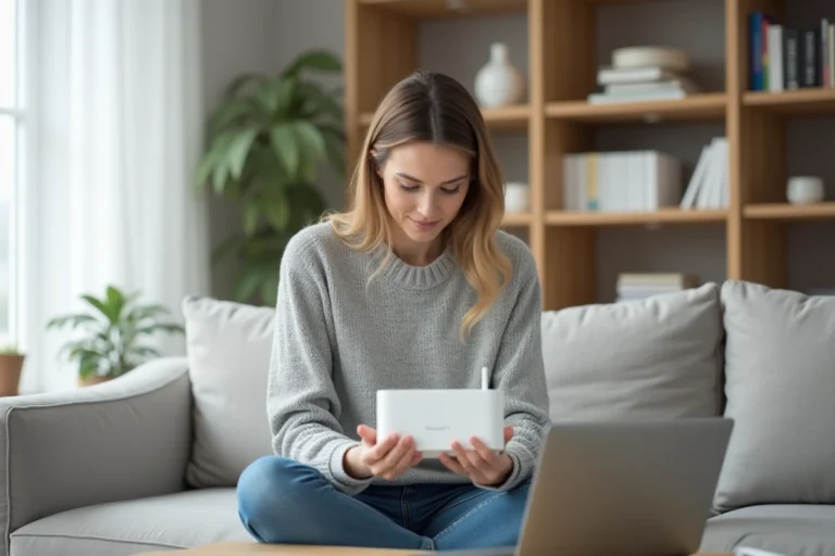 Femme consultant le code de sécurité WiFi inscrit sous sa box internet Bbox dans son salon