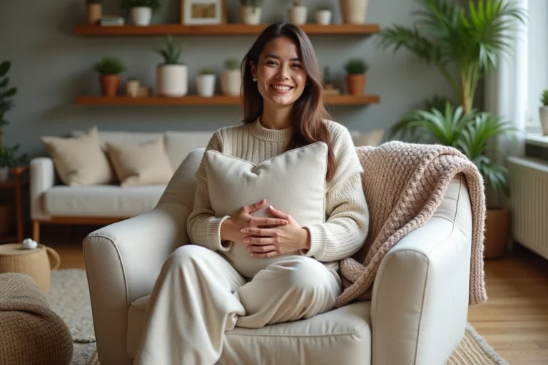 Femme souriante dans un salon cosy avec textiles et plantes