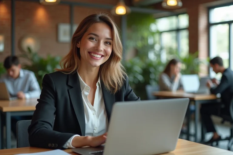 Femme d affaires souriante dans un espace coworking lumineux