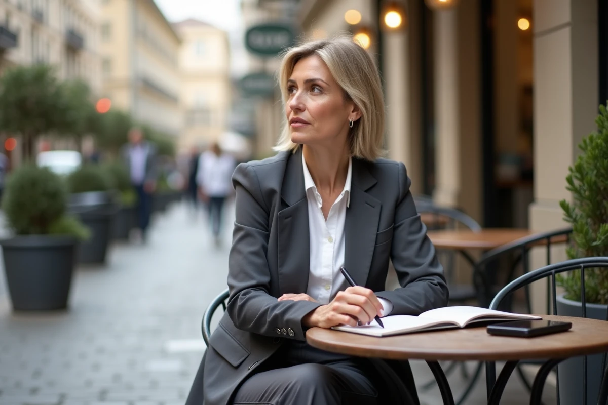 Femme indépendante travaillant seule en terrasse de café dans une rue urbaine française