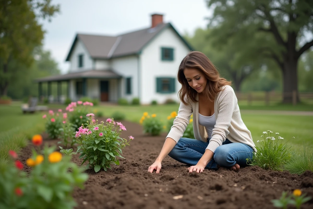 Femme dans son jardin en pleine nature paisible