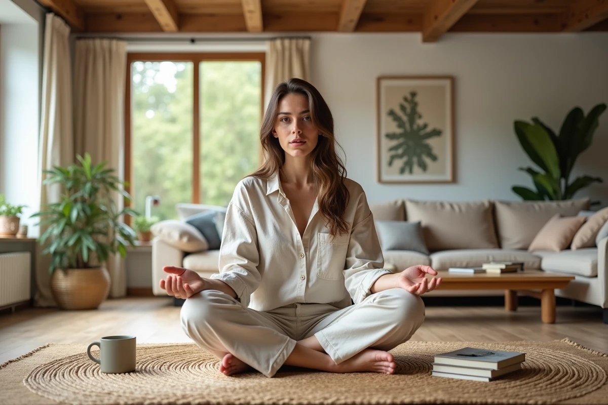 Jeune femme dans salon lumineux avec mobilier naturel