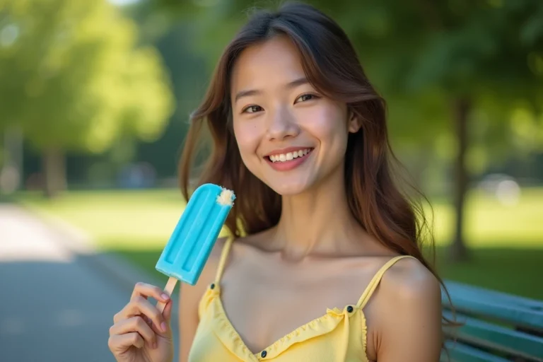 Jeune femme tenant un Mister Freeze bleu fondu en été dans un parc