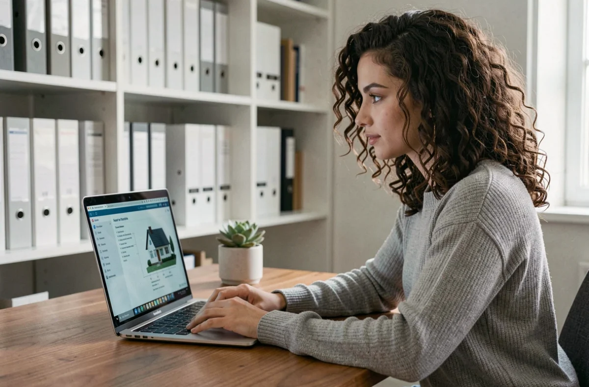 Jeune femme étudiant un plan d'investissement immobilier depuis zéro sur son ordinateur portable