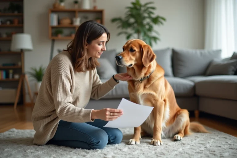 Femme rassurant son chien golden retriever avec documents d'assurance