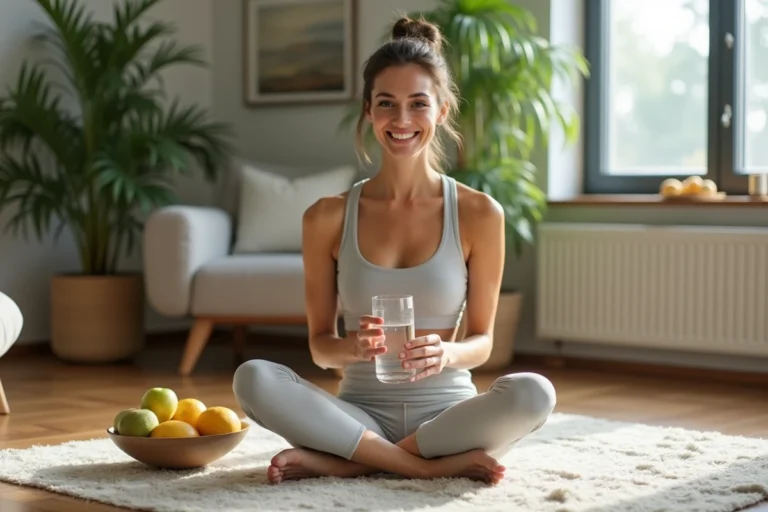 Femme souriante en détente avec fruits dans un salon moderne