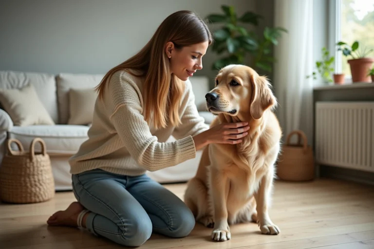 Femme et chien golden retriever dans un intérieur lumineux