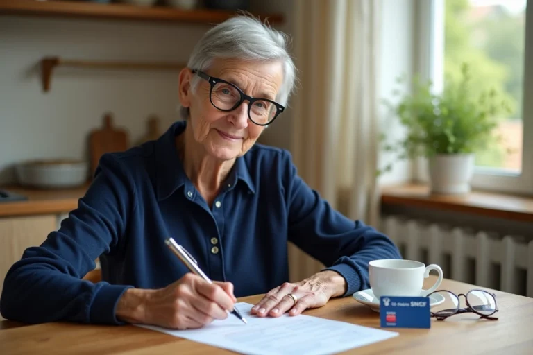 Femme senior remplissant un formulaire de renouvellement de carte Avantage SNCF à sa table de cuisine