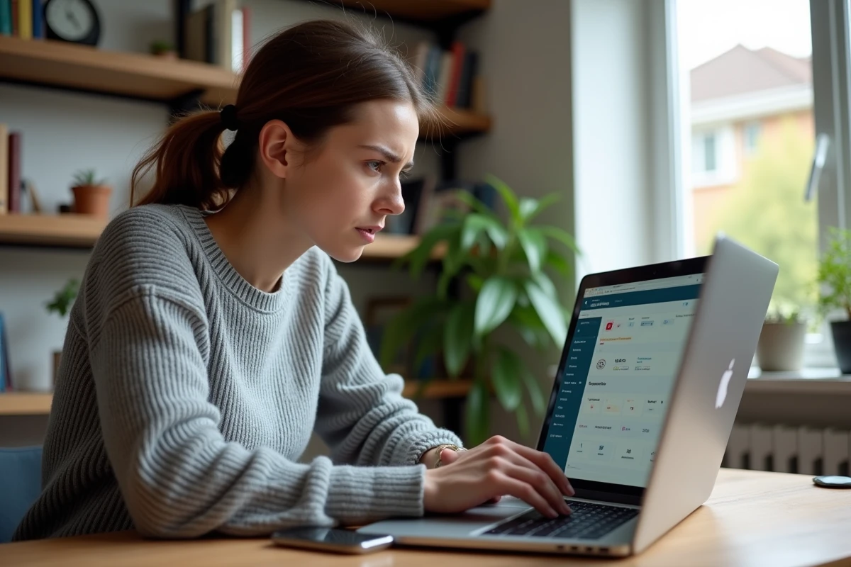 Femme consultant le suivi de son colis en ligne sur un ordinateur portable avec une expression inquiète