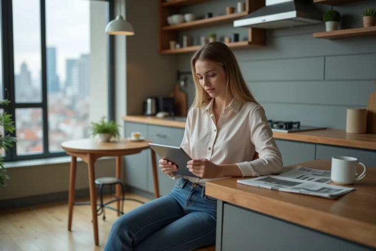 Jeune femme concentrée sur sa tablette dans une cuisine urbaine