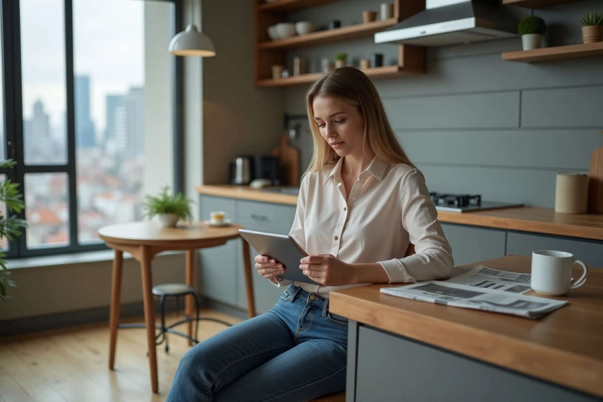 Jeune femme concentrée sur sa tablette dans une cuisine urbaine